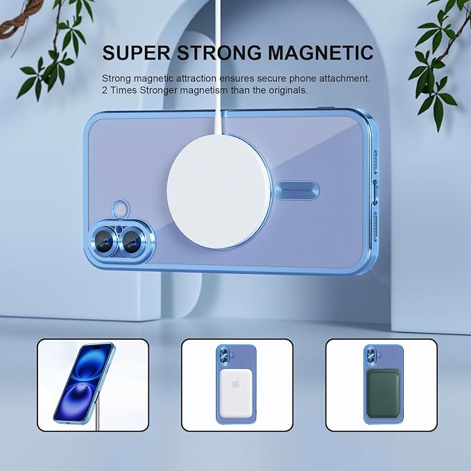 Misea Magnetic for iPhone 16 Plus Case Compatible with MagSafe [Never Yellowing] [Military Grade Drop Protection] Full Camera Lens Protector Plating Soft Clear Phone Case for Women 6.7", Sierra Blue