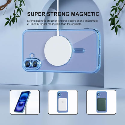 Misea Magnetic for iPhone 16 Plus Case Compatible with MagSafe [Never Yellowing] [Military Grade Drop Protection] Full Camera Lens Protector Plating Soft Clear Phone Case for Women 6.7", Sierra Blue