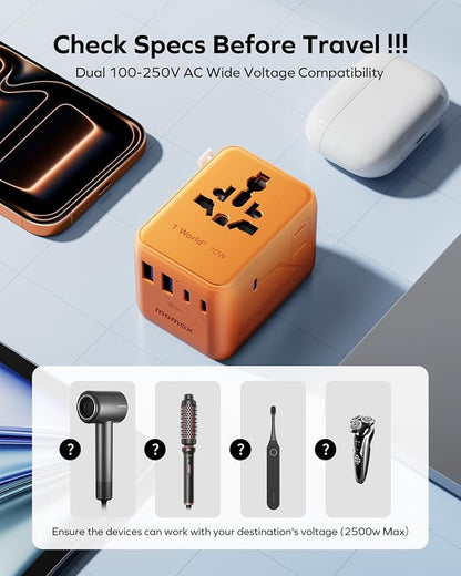 MOMAX Mini 7-in-1 Universal Travel Adapter, GaN 70W Dual AC, 3 USB-C PD & 2 USB-A QC, International Power Charger for 200+ Countries – Compact Travel Adapter for Laptop, Phone, UK/AUS/EU/JP Plug