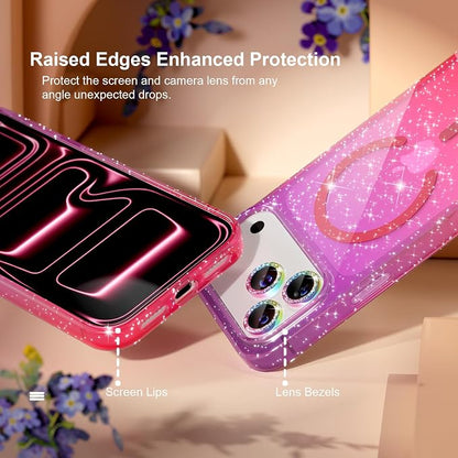 Choiche Magnetic for iPhone 17 Pro Max Case Compatible with MagSafe, Women Cute Glitter Sparkly Phone Case with Diamond Camera Lens Protectors, Military-Grade Drop Protection 6.9" (Purple/Pink)