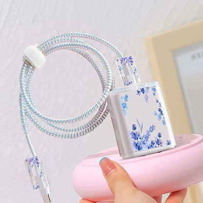 Cute DIY Cable Charger Protector Set with Electronic Organizer Bag Flowers Purple Lavender pattern Design, Soft Data Cable Line Cord Wire Saver Travel Cord Organizer Case cover Compatible for iPhone