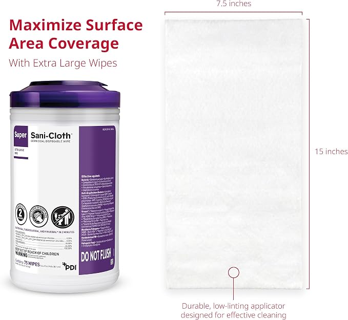 Super Sani- Cloth Germicidal Disposable Wipe, X-Large 5'' x 8'' Wipe, Pop Up Dispenser of 65