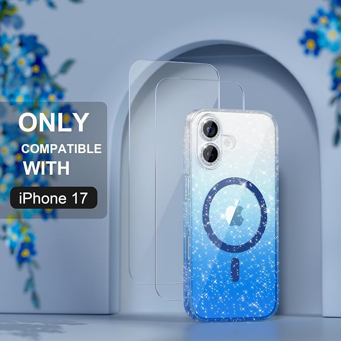 Choiche Magnetic for iPhone 17 Case Compatible with MagSafe, Women Cute Glitter Sparkly Phone Case with Diamond Camera Lens Protectors, Military-Grade Drop Protection 6.3" (Clear/Blue)