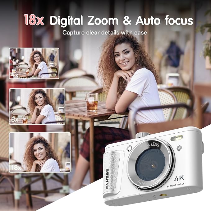 Digital Camera, 4K Vlogging Camera with 64MP, Point and Shoot Digital Cameras with 18X Zoom, Anti-Shake, Mode Dial, 32GB SD Card, Card Reader, Charger, Compact Small Cameras, White