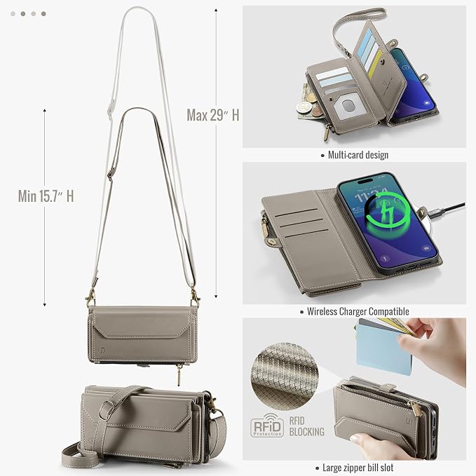 Strapurs Wallet Case Compatible with iPhone 16 Pro 6.3" RFID Blocking 10-Card Holder Soft PU Leather Magnetic Snap Shoulder Strap Zipper Pocket Phone Case Fit for iPhone 16 Pro for Women - Grey