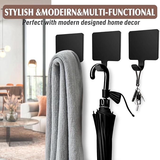 Shaver Hook Hanger Stand Caddy Self Adhesive Stick on Hook Heavy Duty Stainless Steel Phone Holder for Shower, Tools for Hanging Washcloth Towel Loofah for Bathtub Wall, Black (4 Pack)