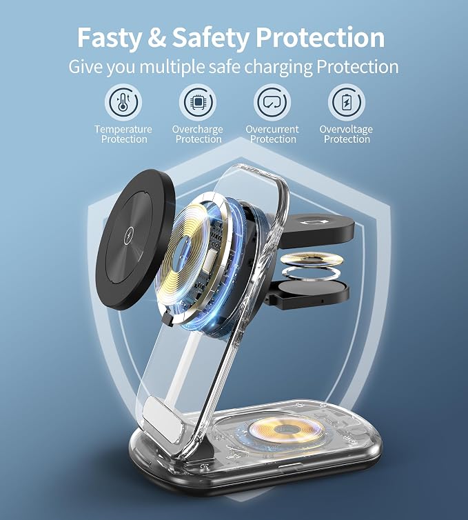 3 in 1 Magnetic Wireless Charging Station for Apple Devices, Fast Foldable Travel Mag-Safe Charger Stand with Night Light for iPhone 17 16 15 14 13 12 Series, Apple Watch/AirPods Pro-Gift for Friends