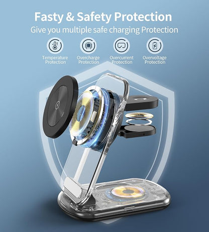 3 in 1 Magnetic Wireless Charging Station for Apple Devices, Fast Foldable Travel Mag-Safe Charger Stand with Night Light for iPhone 17 16 15 14 13 12 Series, Apple Watch/AirPods Pro-Gift for Friends