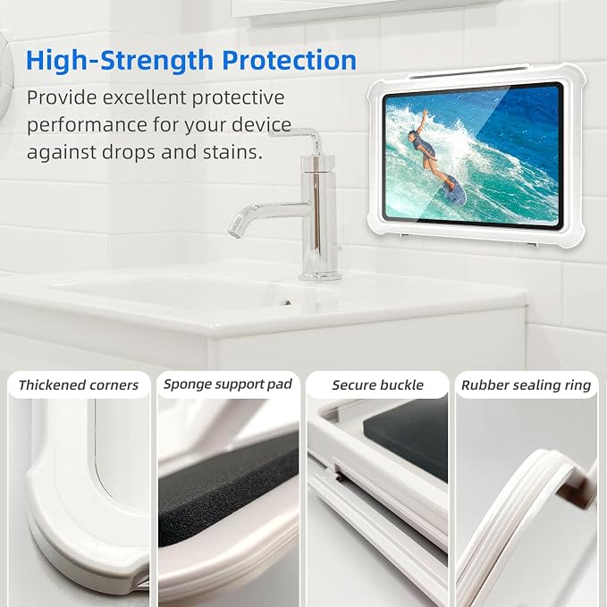 Shower Tablet Holder with HD&Touchable Screen, Anti-Fog Waterproof iPad Shower Mount, 2 Placement Modes, Compatible with iPad iPhone Tablet Under 11 in,White