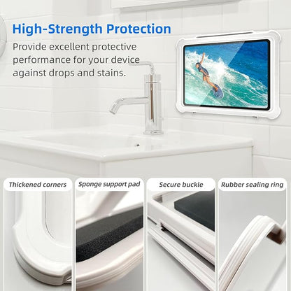 Shower Tablet Holder with HD&Touchable Screen, Anti-Fog Waterproof iPad Shower Mount, 2 Placement Modes, Compatible with iPad iPhone Tablet Under 11 in,White