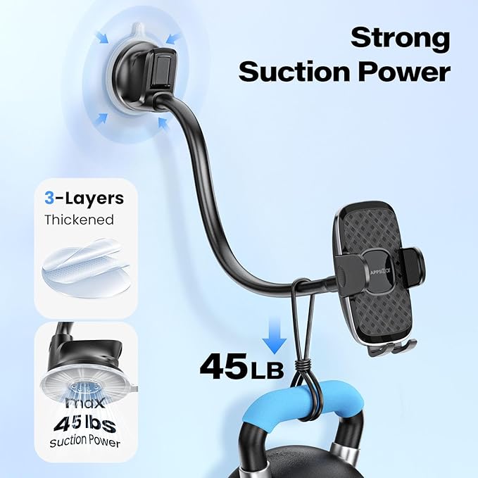 APPS2Car 14'' Gooseneck Car Phone Holder,Heavy Duty Phone Holder for Truck, [Flexibile Long Arm] [Anti Shake stabilizer] Windshield Car Phone Mount Suction Cup,Fit for iPhone, Samsung (Black Plaid)