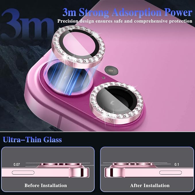 ShinKin Camera Lens Protector for iPhone 16/iPhone 16 Plus, Bling Glitter Camera Cover, 9H Tempered Glass Individual Metal Ring Camera Protector for iPhone 16/iPhone 16 Plus (Diamond - Pink)