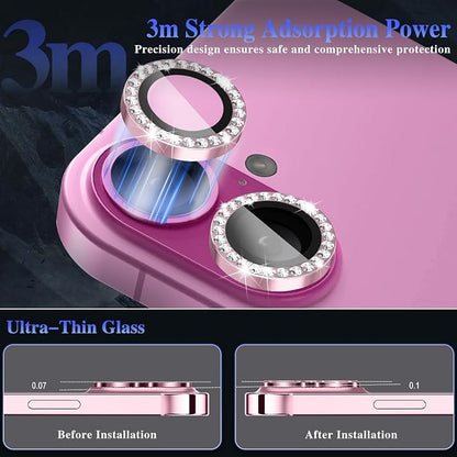 ShinKin Camera Lens Protector for iPhone 16/iPhone 16 Plus, Bling Glitter Camera Cover, 9H Tempered Glass Individual Metal Ring Camera Protector for iPhone 16/iPhone 16 Plus (Diamond - Pink)