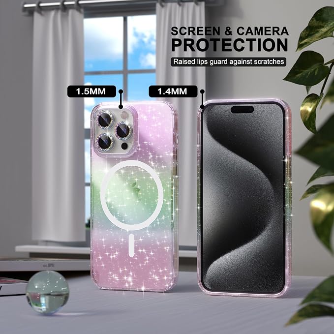 Choiche for iPhone 15 Pro Max Case Magnetic, Women Clear Glitter Bling Sparkly Case, [3xDiamond Camera Lens Protectors] [2xTempered Glass Screen Protectors] [Compatible MagSafe] (Glitter Colorful)