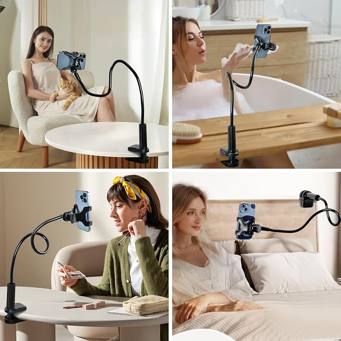 Gooseneck Phone Clamp Mount for Bed, 360° Flexible Arm, Heavy Duty & Stable, Anti-Slip Silicone Grip, Universal for 4–7" Smartphones, Compatible with iPhone 15/14/13 Pro Max, Samsung Galaxy S23/S22