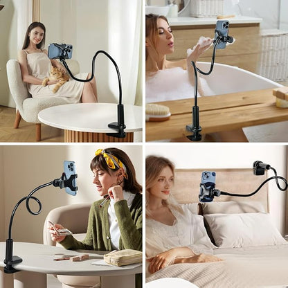 Gooseneck Phone Clamp Mount for Bed, 360° Flexible Arm, Heavy Duty & Stable, Anti-Slip Silicone Grip, Universal for 4–7" Smartphones, Compatible with iPhone 15/14/13 Pro Max, Samsung Galaxy S23/S22