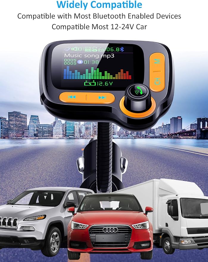 TSNAM Bluetooth FM Transmitter Car Adapter,Support Wireless Handsfree Call and MP3 Music/APP Audio Play,1.8" Color Screen,3 USB Charger,3.5mm AUX Port,Compatible with iPhone,iPad,Samsung and More