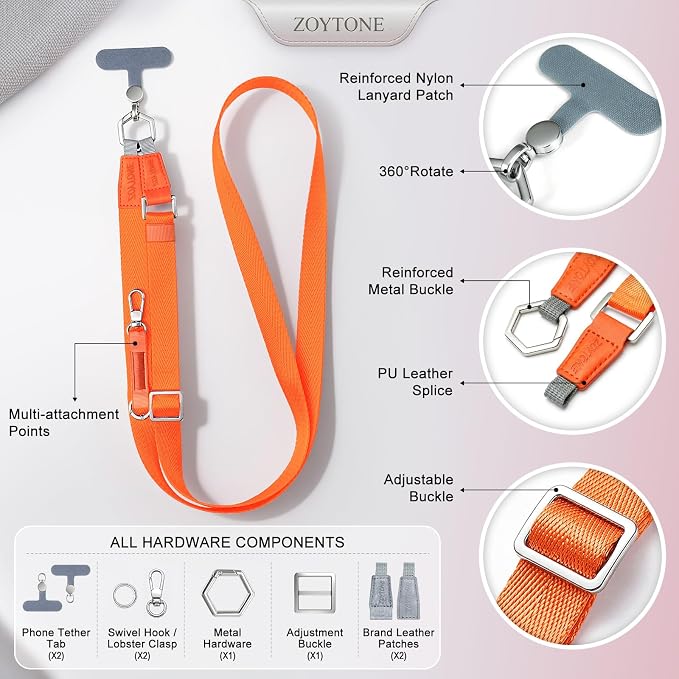 Phone Lanyard Crossbody with 2 Phone Tabs, Adjustable Anti Theft Phone Strap for iPhone & Android, Universal Skin-Friendly Cell Phone Neck Lanyard for Travel Hiking Cycling Shopping (Orange)