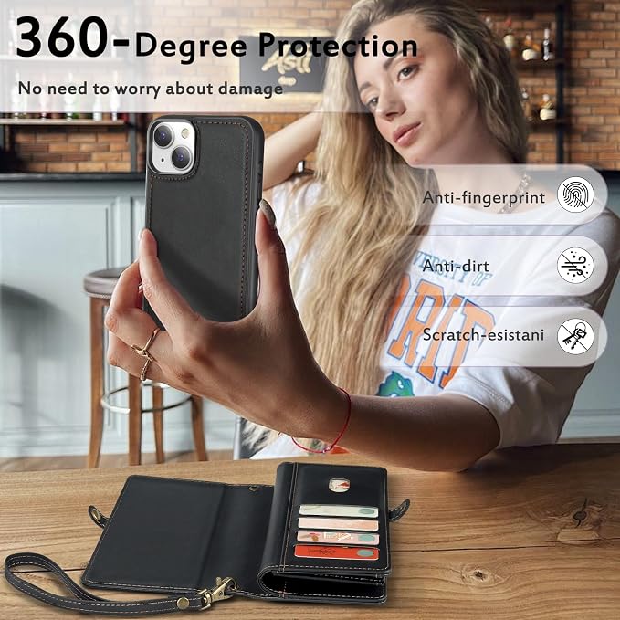 for Wallet Case Compatible with iPhone 13,Multi-Function Detachable 2 in 1 Magnetic iPhone 13 Case Wallet,Flip Strap Zipper Card Holder Phone Case with Shoulder Straps (Black)
