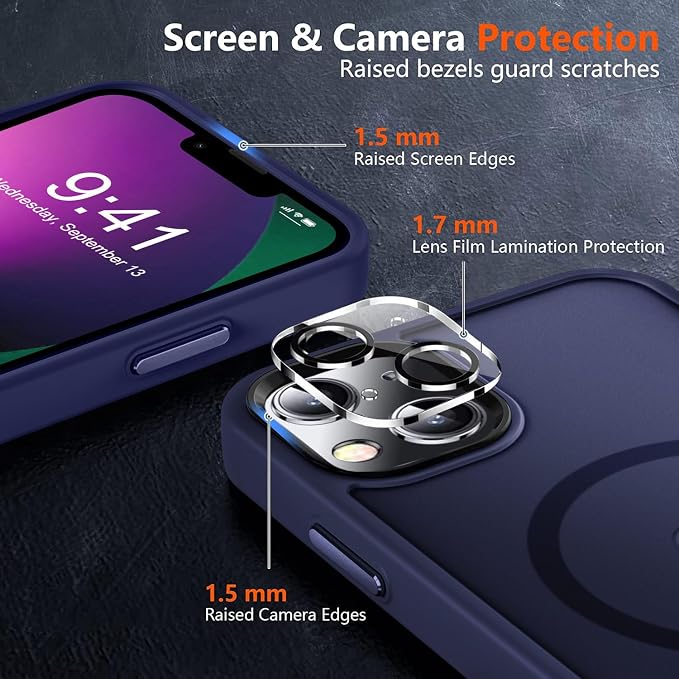 MOCCA Strong Magnetic for iPhone 13 Case, [Compatible with Magsafe][Screen Protector+Camera Lens Protector] Translucent Matte Back Slim Shockproof Case for iPhone 13 Phone Case 6.1", Deep Blue