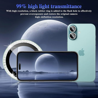 ShinKin Camera Lens Protector for iPhone 16/iPhone 16 Plus, Bling Glitter Camera Cover, 9H Tempered Glass Individual Metal Ring Camera Protector for iPhone 16/iPhone 16 Plus (Diamond - Green)