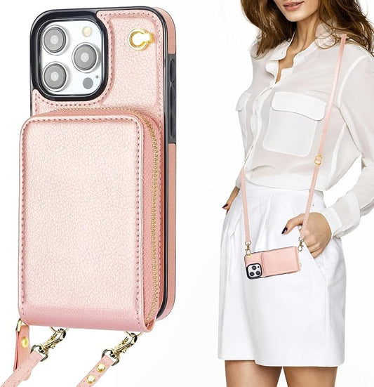 KIHUWEY Crossbody Wallet Case for iPhone 15 Pro Max, Zipper Pocket Case with Card Holder, PU Leather RFID Blocking Protective Cover with Kickstand and Detachable Wrist Strap Lanyard - 6.7" (Rose Gold)