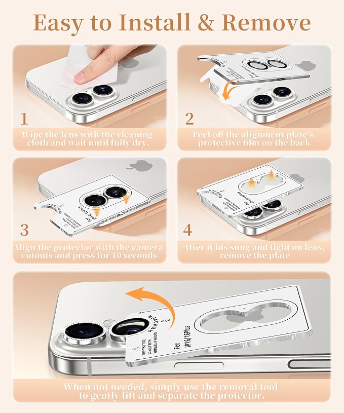 GolbinBox Camera Lens Protector for iPhone 17/16/16 Plus, 1:1 Invisible Fit, 9H Tempered Glass Ultra HD Metal Individual Camera Cover for Women, Case Friendly, Bling/Silver
