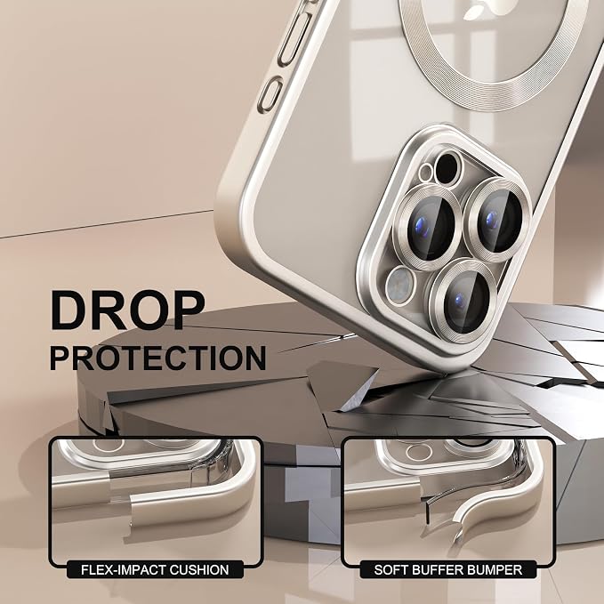 Misea Magnetic for iPhone 15 Pro Max Case [Never Yellowing] [Military Grade Drop Protection] Full Camera Lens Protector Soft Clear Phone Case for Women Girls, Titanium Natural