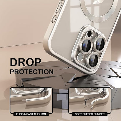 Misea Magnetic for iPhone 15 Pro Case [Never Yellowing] [Military Grade Drop Protection] Full Camera Lens Protector Soft Clear Phone Case for Women Girls, Titanium Natural