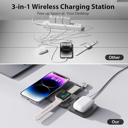 KU XIU Fast Wireless Charger, Magnetic Foldable 3 in 1 Charging Station for iPhone 16/15/14/13/12/Pro/Plus/Pro Max, 5W Portable Charger for Apple Watch9/8/7/6/5/4/3/SE, for Airpods3/2/Pro-Gray
