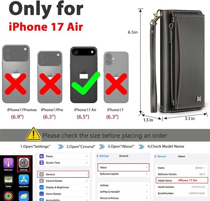 Wallet Case for iPhone Air with Card Holder/Crossbody Wallet/Strap,[RFID Blocking][Magnetic] PU Leather Phone Case for iPhone Air,6.5 in,Black