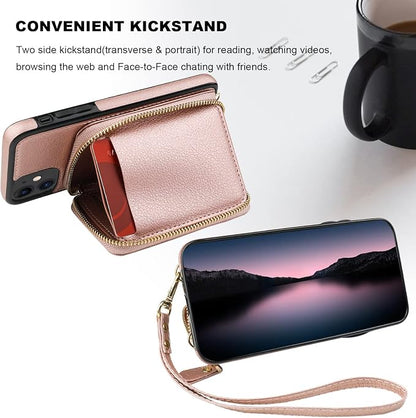 Bocasal RFID Blocking Wallet Case for iPhone 11, Adjustable Crossbody Zipper Purse Case Card Holder with Kickstand Detachable Wrist Strap, PU Leather Flip Folio Case 6.1 Inch (Rose Gold)