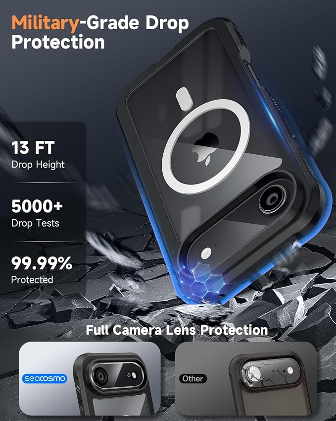 seacosmo for iPhone Air Case, Full Body Bumper with Built-in 9H Tempered Glass Screen and Camera Lens Protector, Compatible with MagSafe, Shockproof 17 Air Phone Case, 6.5", Black