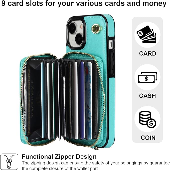 Bocasal Crossbody Wallet Case for iPhone 15, RFID Blocking Leather Purse Case with Card Holder, Protective Handbag Flip Cover with Zipper Wrist Strap Lanyard for Women 5G 6.1 Inch (Mint Green)