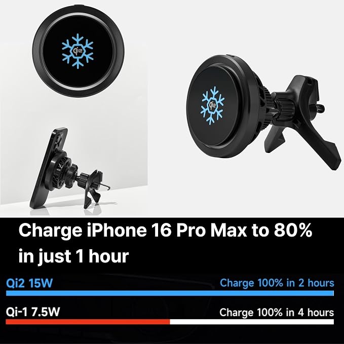 Qi2 15W Wireless Car Charger -Compatible with MagSafe- [3-Second Peltier Cooling] with Strong Magnetic Mount-Fast Charging Air Vent Phone Holder for iPhone 16/15/14 Pro Max,Galaxy S25(Black)