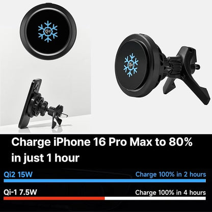 Qi2 15W Wireless Car Charger -Compatible with MagSafe- [3-Second Peltier Cooling] with Strong Magnetic Mount-Fast Charging Air Vent Phone Holder for iPhone 16/15/14 Pro Max,Galaxy S25(Black)