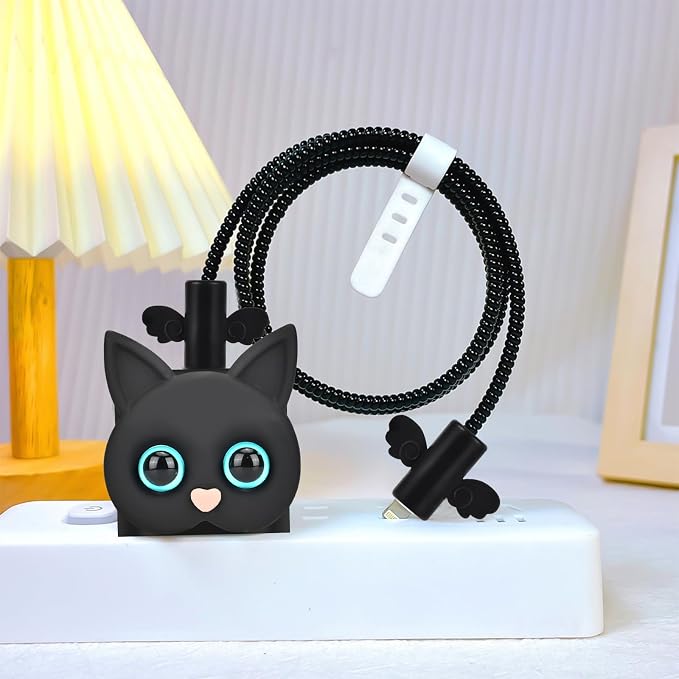 CameCosy Phone Charger Storage Case Cover Sets with Cable Protector for iPhone Adapter, Wave Travel Storage Bag, Cord Wire Saver Cable Organizer Soft Cute Cable Protector (Black Cat)