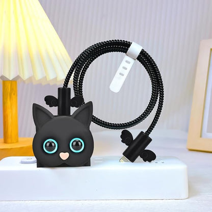 CameCosy Phone Charger Storage Case Cover Sets with Cable Protector for iPhone Adapter, Wave Travel Storage Bag, Cord Wire Saver Cable Organizer Soft Cute Cable Protector (Black Cat)