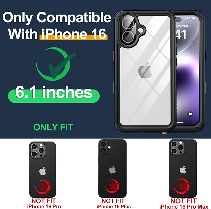 for iPhone 16 Case Waterproof, Built-in Privacy Screen & HD Screen Double Front Frame [IP68 Underwater] Shockproof Dustproof Full Body Protection iPhone 16 Phone Case Black