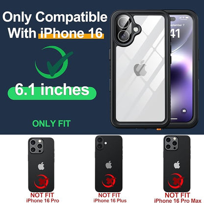 for iPhone 16 Case Waterproof, Built-in Privacy Screen & HD Screen Double Front Frame [IP68 Underwater] Shockproof Dustproof Full Body Protection iPhone 16 Phone Case Black