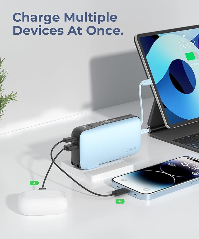 Portable Charger with Built-in USB-C Cable & Plug, 10,000mAh 5V/4.5A Power Bank Fast Charging 22.5W, Travel Essential Battery Pack 3 Output for iPhone 16/15 Series, Samsung Galaxy, iPad, 1 Pack