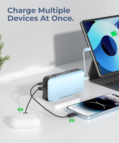 Portable Charger with Built-in USB-C Cable & Plug, 10,000mAh 5V/4.5A Power Bank Fast Charging 22.5W, Travel Essential Battery Pack 3 Output for iPhone 16/15 Series, Samsung Galaxy, iPad, 1 Pack