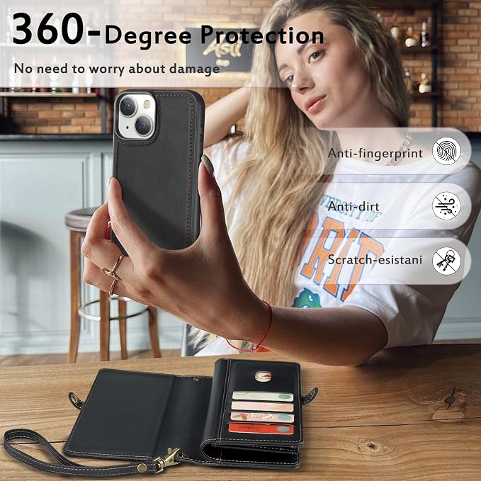 for Wallet Case Compatible with iPhone 14,Multi-Function Detachable 2 in 1 Magnetic iPhone 14 Case Wallet,Flip Strap Zipper Card Holder Phone Case with Shoulder Straps (Black)