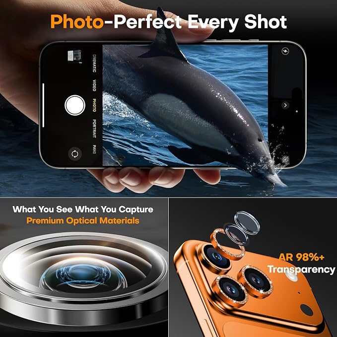 Camera Lens Protector for iPhone 17 Pro Max/17 Pro/16 Pro Max/16 Pro/15 Pro Max/15 Pro/14 Pro Max/14 Pro,Tempered Glass Metal Individual Cover[Anti-drop] Case Friendly- Glitter Cosmic Orange