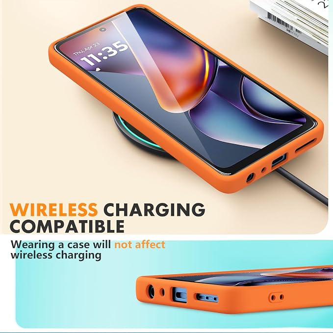for Motorola Moto G 2025 Case, 2 Pack Tempered Glass Screen Protectors, Soft TPU Liquid Silicone Shockproof Gel Case-Orange