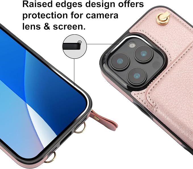 Bocasal Crossbody Wallet Case for iPhone 16 Pro Max, RFID Blocking Leather Purse Case with Card Holder, Protective Handbag Flip Cover with Zipper Wrist Strap Lanyard for Women 5G 6.9 Inch (Rose Gold)