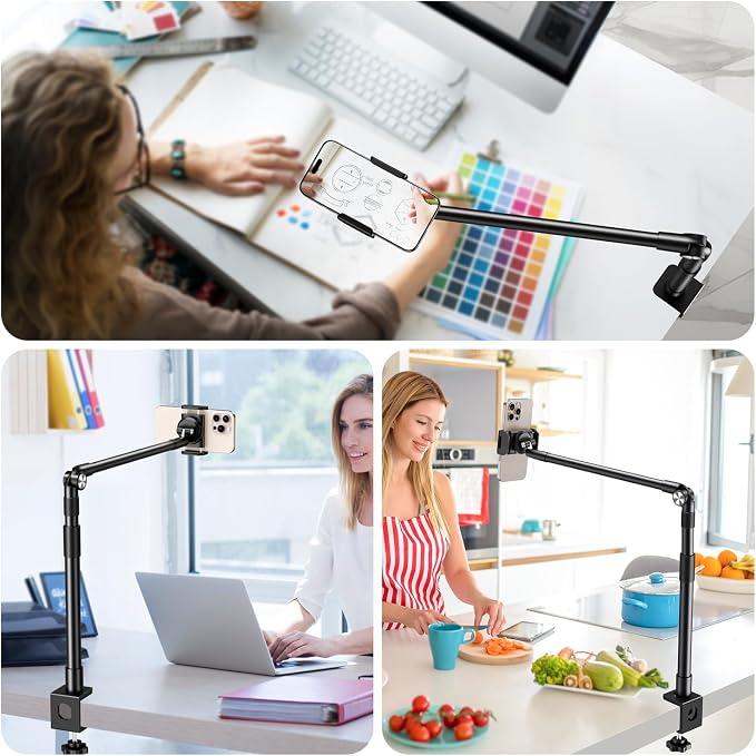 elitehood Aluminum Arm Phone Holder for Bed [360° Swivel Tilt Rotation], Adjustable Bedside Phone Holder Laying Down, iPhone Stand for Bed Desk Overhead, iPhone Clamp Mount Fit All 4-7’’ Cellphone