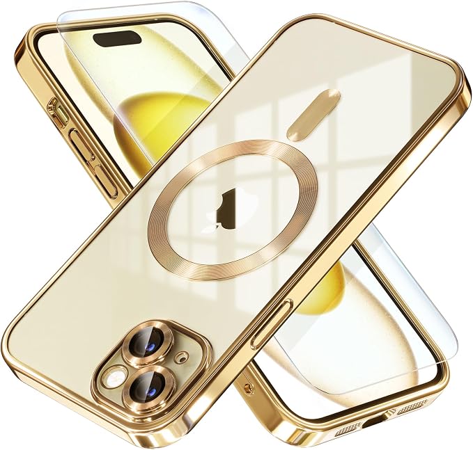 Misea Magnetic for iPhone 15 Plus Case Compatible with MagSafe [Never Yellowing] [Military Grade Drop Protection] Full Camera Lens Protector Plating Soft Clear Phone Case for Women, Gold