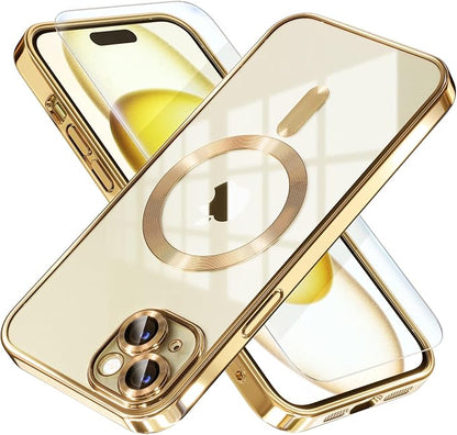 Misea Magnetic for iPhone 15 Plus Case Compatible with MagSafe [Never Yellowing] [Military Grade Drop Protection] Full Camera Lens Protector Plating Soft Clear Phone Case for Women, Gold
