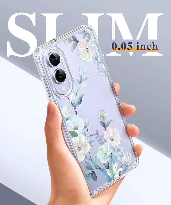 GVIEWIN for Samsung Galaxy S25 Edge Case, Clear Floral Shockproof Protective Women Phone Case, Non-Yellowing, Screen&Camera Lens Protector for Galaxy S25 Edge 6.7",Delphinium/Grey